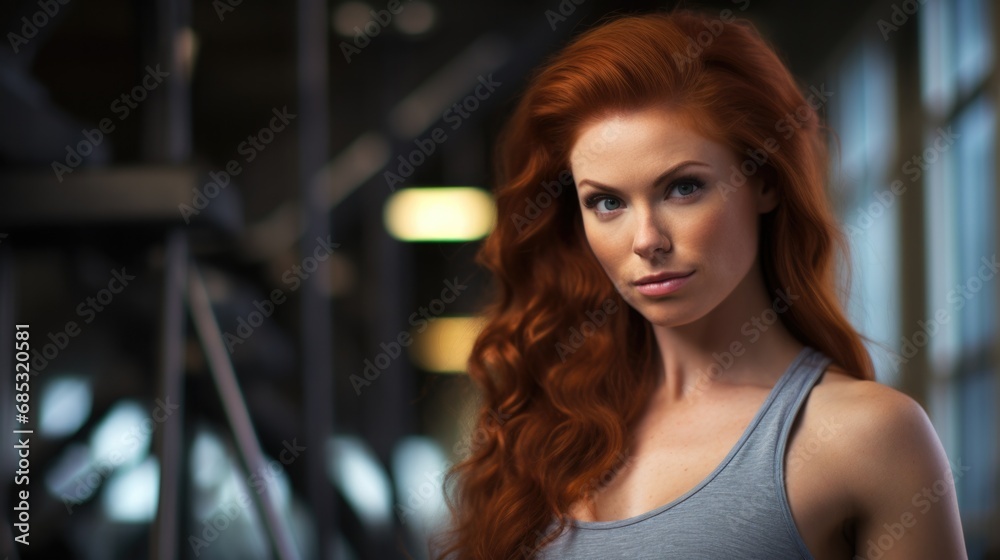A woman with red hair and a gray tank top. Generative AI. A woman with red hair and a gray tank top. Generative AI.