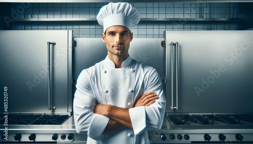 A professional chef in a white uniform exudes culinary expertise, standing against the clean, stainless steel backdrop of a commercial kitchen
