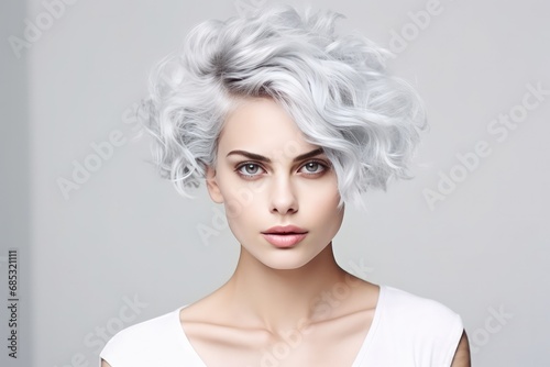 Woman With Distinctive Silver Hair And Unconventional Allure On The Background Of White Wall