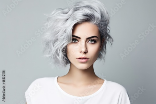 Woman With Distinctive Silver Hair And Unconventional Allure On The Background Of White Wall