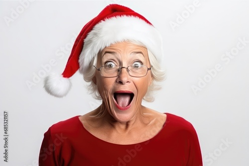 Woman With White Hair And Not Ordinary Appearance In Santa Claus Hat On White Background