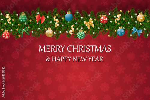 Christmas banners with decorated branches. With snow on a red background. Festive header design. Concept for holiday, winter holidays, New Year, Christmas