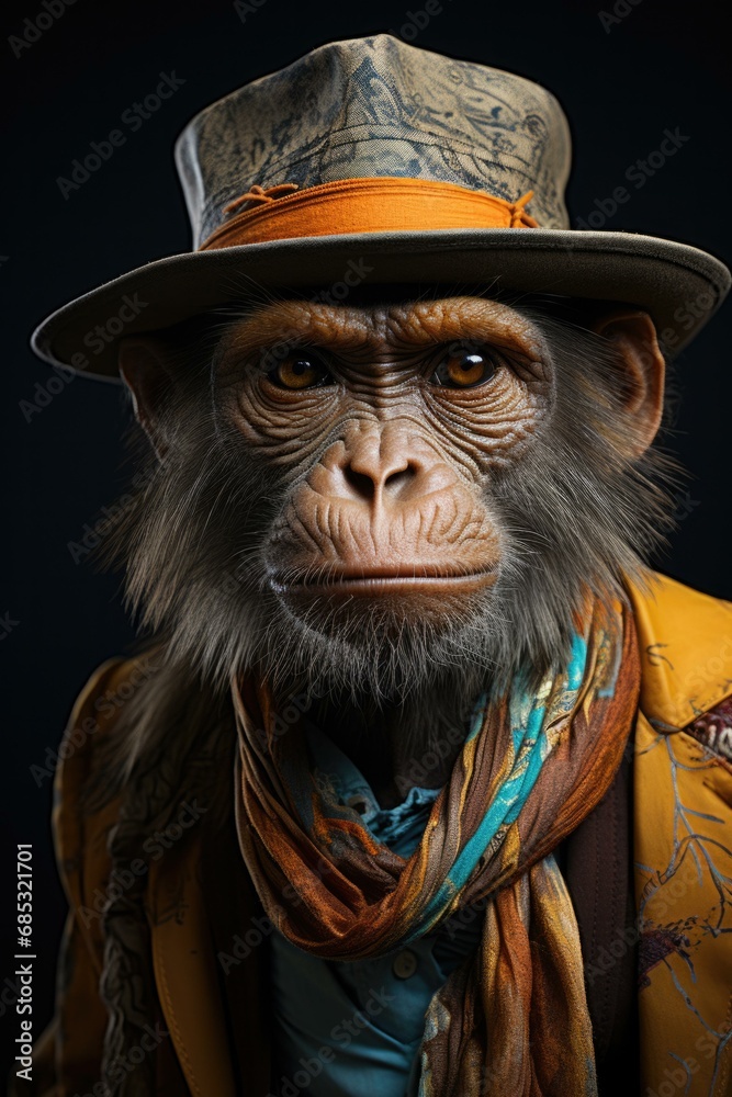 A playful monkey wearing a stylish hat and scarf, adding a touch of charm to its adorable appearance. Generative AI.