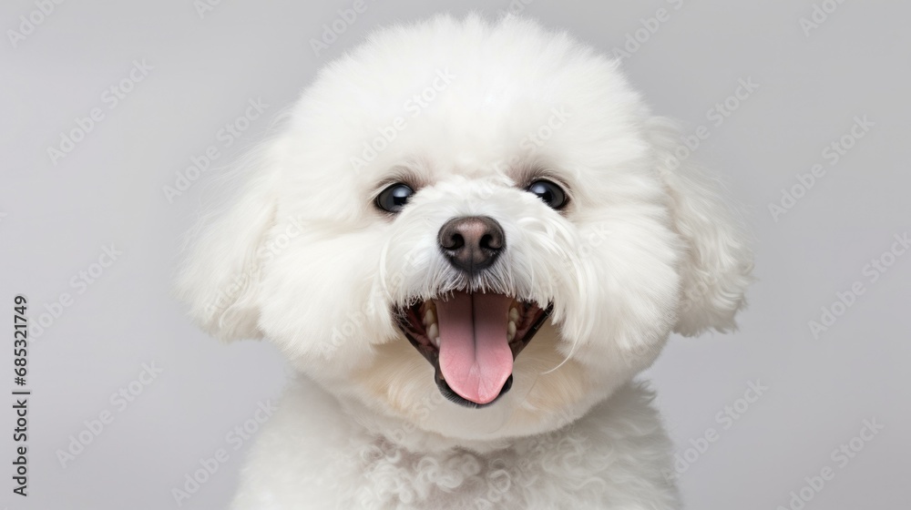 A cute white bichon dog with its tongue out, posing on a gray background. Generative AI. A cute white bichon dog with its tongue out, posing on a gray background. Generative AI.