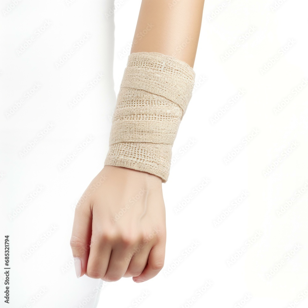 A woman with a wrist wrapped in a medical bandage, symbolizing pain and recovery. Generative AI. A woman with a wrist wrapped in a medical bandage, symbolizing pain and recovery. Generative AI.