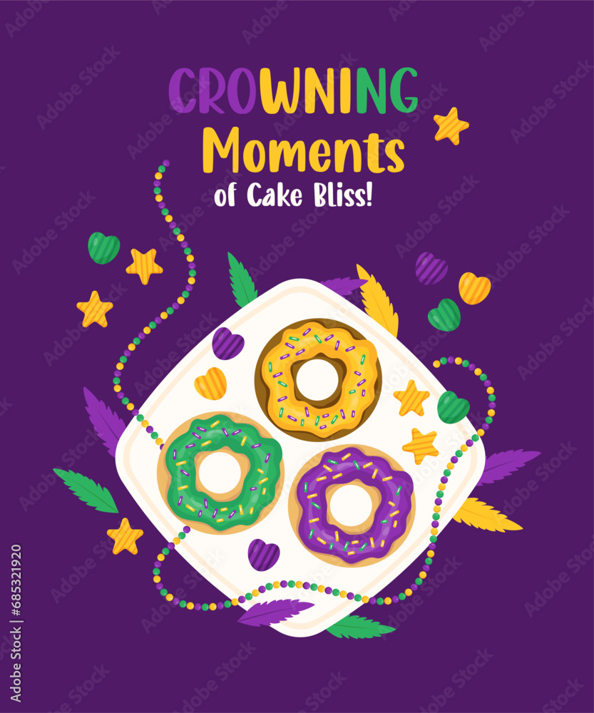 King Cake. Festive baked and sweets. Mardi Gras carnival. Donuts with colorful icing, beaded necklaces, feathers on plate. Holiday Fat Tuesday. Vector illustration in cartoon style. King Cake. Festive baked and sweets. Mardi Gras carnival. Donuts with colorful icing, beaded necklaces, feathers on plate. Holiday Fat Tuesday. Vector illustration in cartoon style.