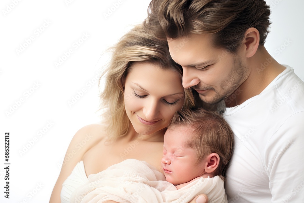 Both the mother and father lovingly cradle their newborn baby Both the mother and father lovingly cradle their newborn baby