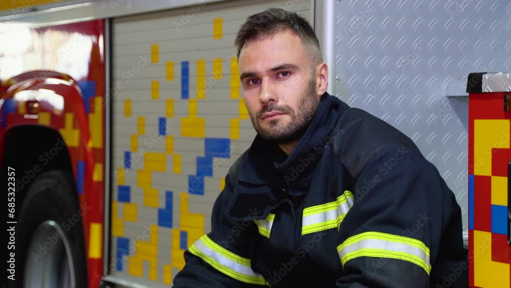 Tired firefighter at fire station near fire engine Tired firefighter at fire station near fire engine