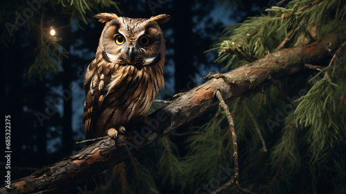 An owl sitting on a branch of tree in the forest during night