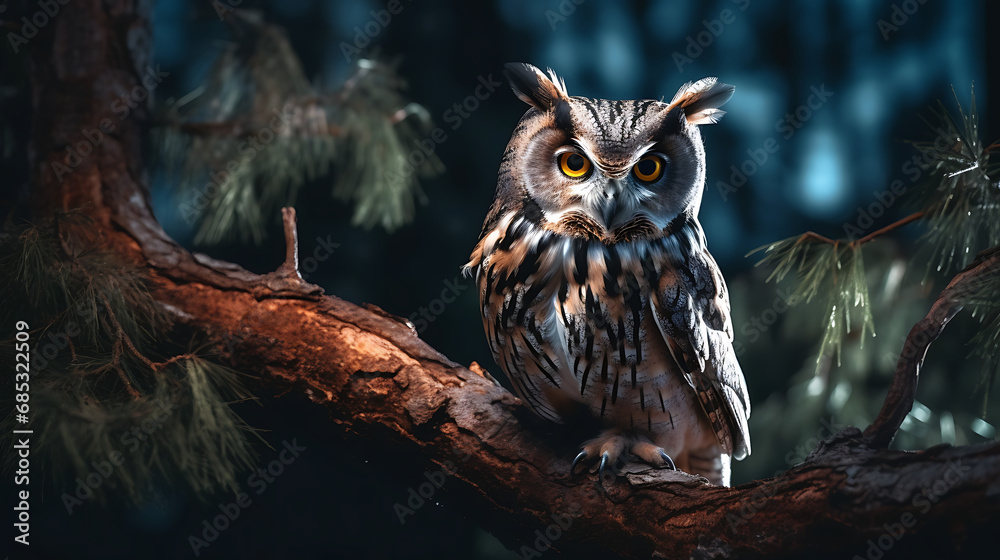 An owl sitting on a branch of tree in the forest during night