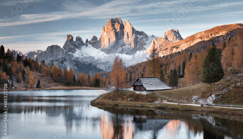 the beautiful nature landscape great view on federa lake early in the morning the federa lake with the dolomites peak cortina d ampezzo south tyrol dolomites italy popular travel locations photo