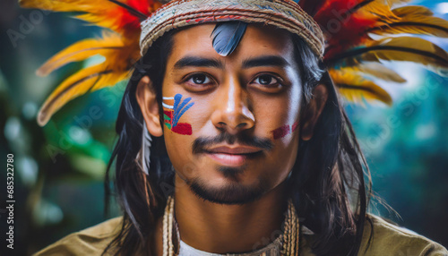a native portrait of a south american indian chief with war paint on his face and a feather headdress