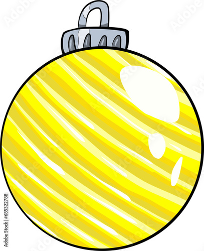 Hand drawn vector drawing of Yellow Christmas ball with line pattern. Colourful, cartoon style, doodle, decoration, symbol, sign, holiday, winter, happy new year, golden