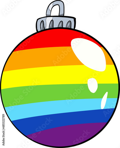 Hand drawn vector drawing of rainbow Christmas ball. Colourful, cartoon style, doodle, decoration, symbol, sign, holiday, winter, happy new year