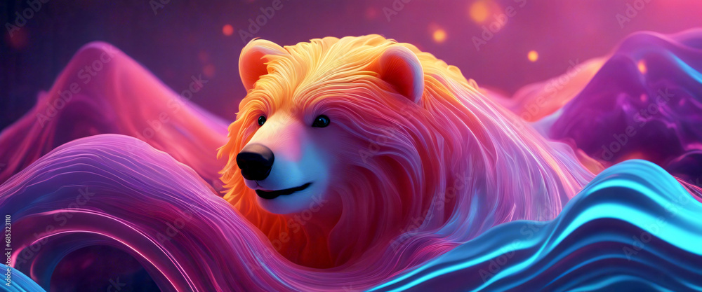 Abstrakte, flüssige 3D-Eisbär, holografisch schillernde neon Welle in ...