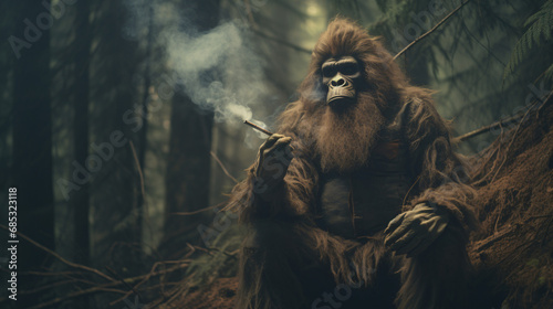 The mysterious Bigfoot ape smokes a cigarette in the jungle photo