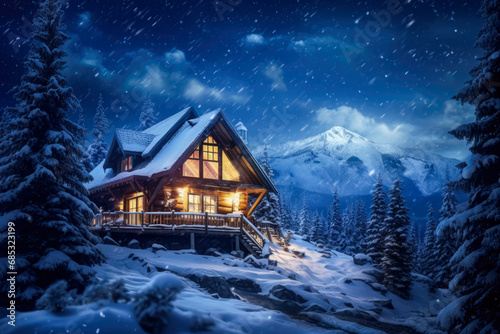 Winter night in the mountains. Wooden house on the background of the starry sky. © mila103