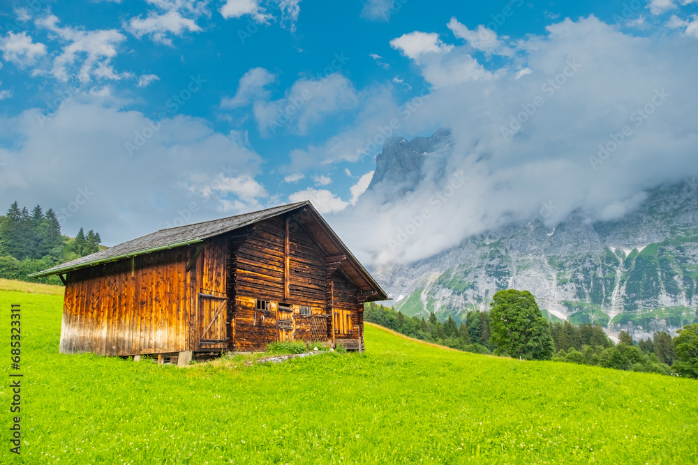View on the alpine valley Grindelwald. Jungfrau, Switzerland. Under the Bernese alps. Mountain village. View on the alpine valley Grindelwald. Jungfrau, Switzerland. Under the Bernese alps. Mountain village.