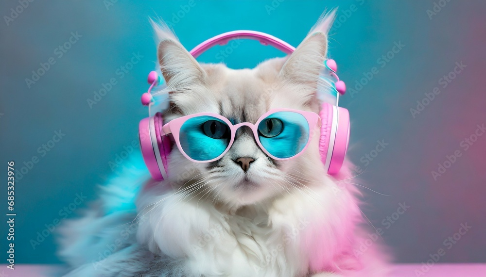 adorable fantasy bossy cat with glasses and headphones blue pink and white colors high quality photo