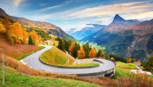 wonderful nature landscape of switzerland vivid autumn scenery of maloja pass switzerland europe amazing serpentine road is a most popular place of travel and outdoor vacations in swiss alps © Marsha