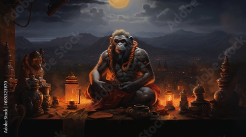 A dramatic twilight scene with Hanuman's idol illuminated by oil lamps.