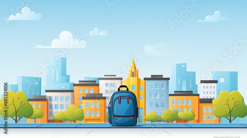 Eye-Catching Online School Poster with Vibrant Yellow Backpack and Doodle Scientific Icons photo