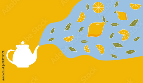 Tea pot with steam of aromatic green tea leaves and lemon. Flat vector illustration. Lemon tea background concept.