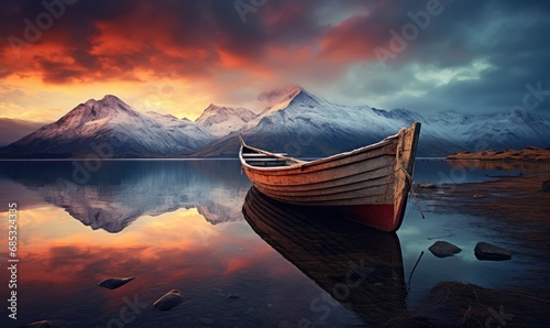 a boat docked in a lake with mountains in the background