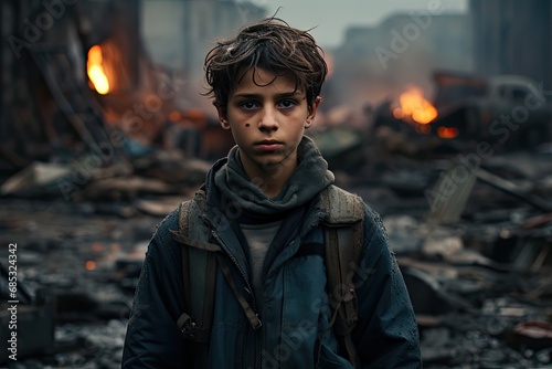 a boy stands in front of some rubble in the destroyed city © Photo And Art Panda
