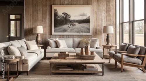 A farmhouse-style living room with barn wood wall paneling and vintage-inspired artwork.