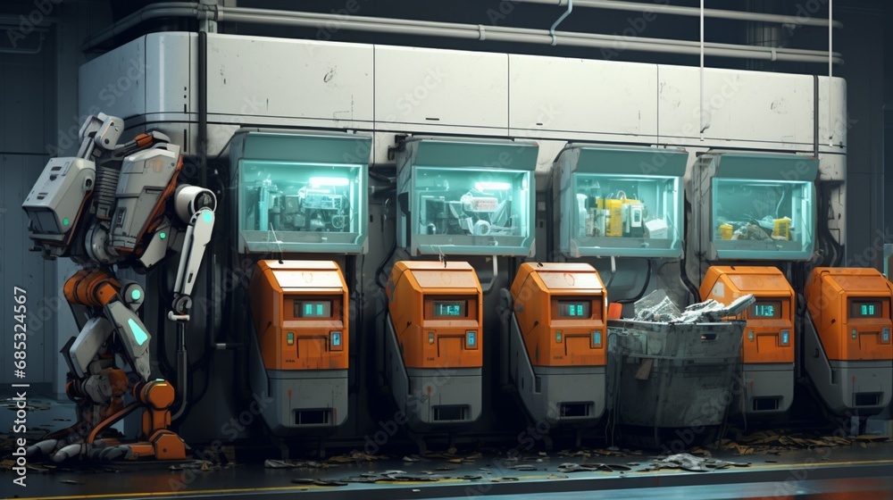 A futuristic garbage collection system with robotic arms emptying bins without error.