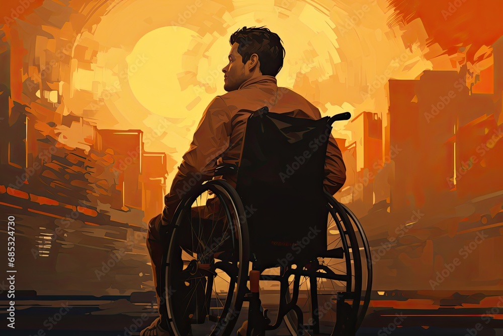 a man in a wheelchair sitting on a track with city in the background