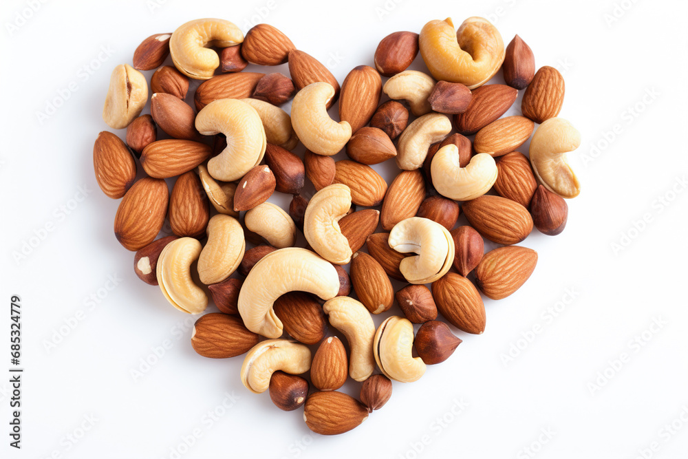 Concept of various nuts forming a heart shape. Concept of various nuts forming a heart shape.