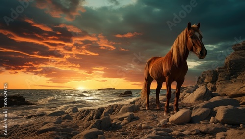 a horse stands on a deserted beach at sunset