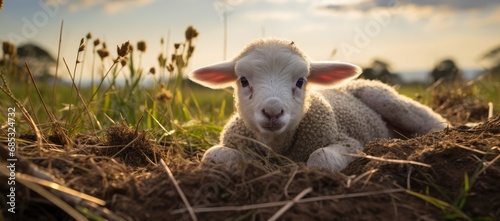 a lamb lies down in the grass