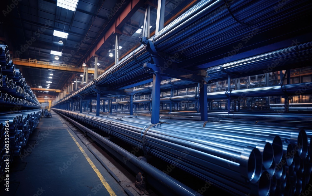 a stacked line of steel pipes in a factory