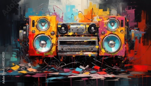 a painting of a boombox with colorful paint