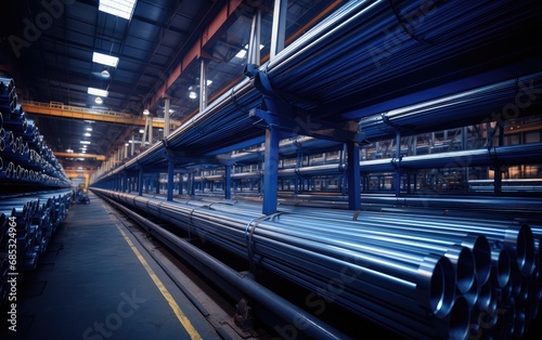 a stacked line of steel pipes in a factory