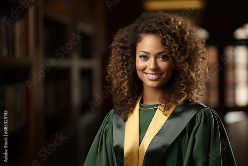 a woman in graduate gown smiling and posing for the camera