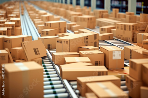 Cardboard boxes on conveyor belt in warehouse © mila103