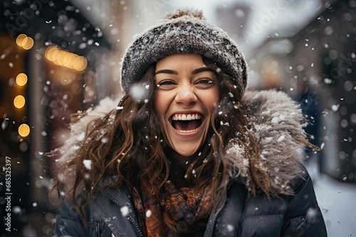 a woman wearing a hat and gloves is throwing snow