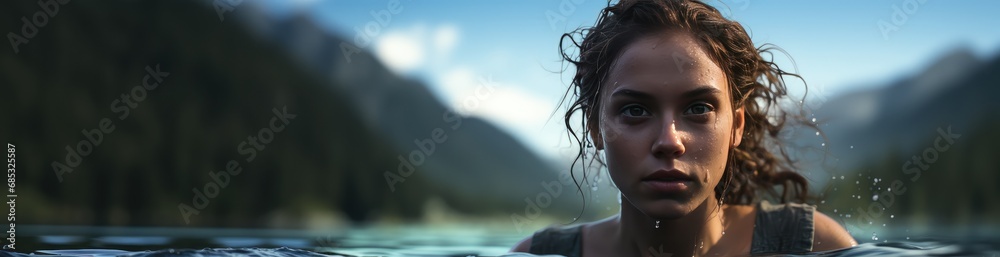 a young girl is swimming in water under mountains