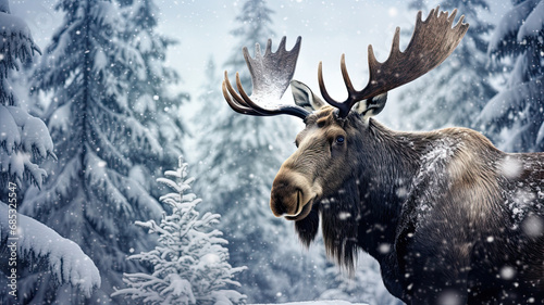 face of a moose in a snow-covered forest © Pedro Llinas