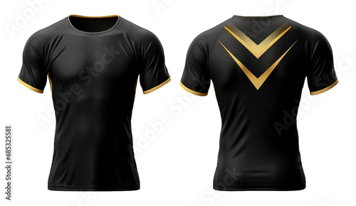 black sports t-shirt with gold pattern, jersey mockup design with front and back views, generative ai