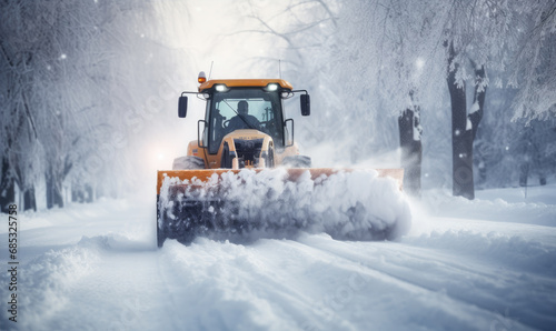Tractor with a snow plow is plowing snow from a road during hard winter.