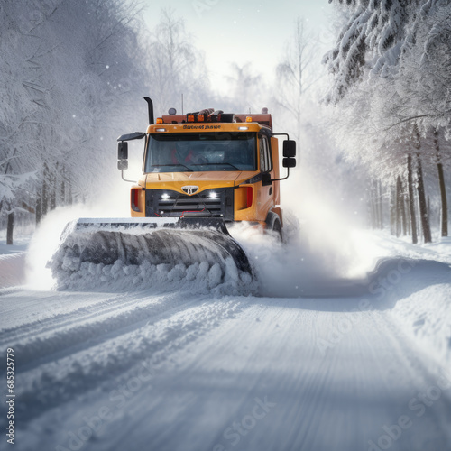 Snow plow truck is plowing snow from a road during hard winter