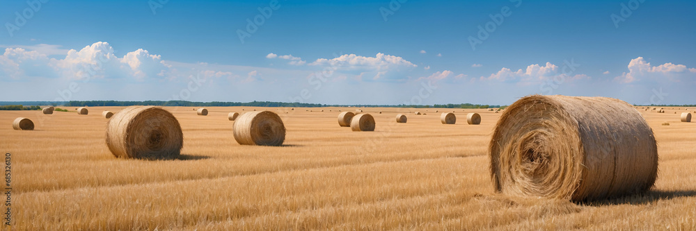 Beautiful landscape. Agricultural field. Round bundles of dry grass in the field against the blue sky. Bales of hay to feed cattle in winter 
