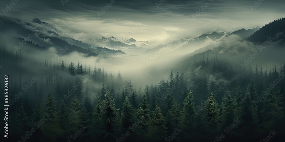 an overcast forest full of trees and mist