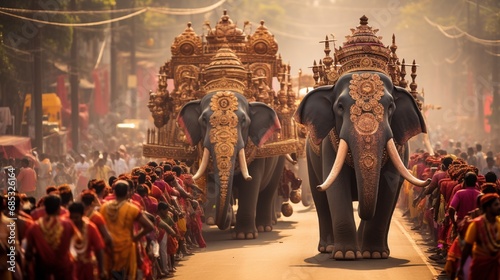 A grand Hanuman procession, complete with elephants and musicians. © Mustafa_Art