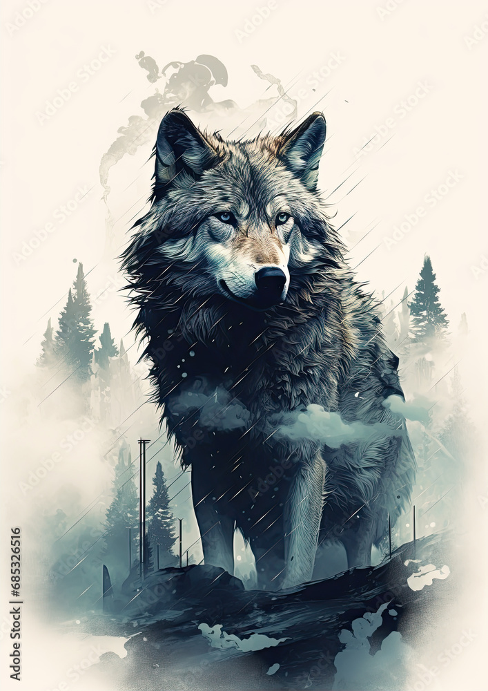 A illustration portrait of the  one wolf.
